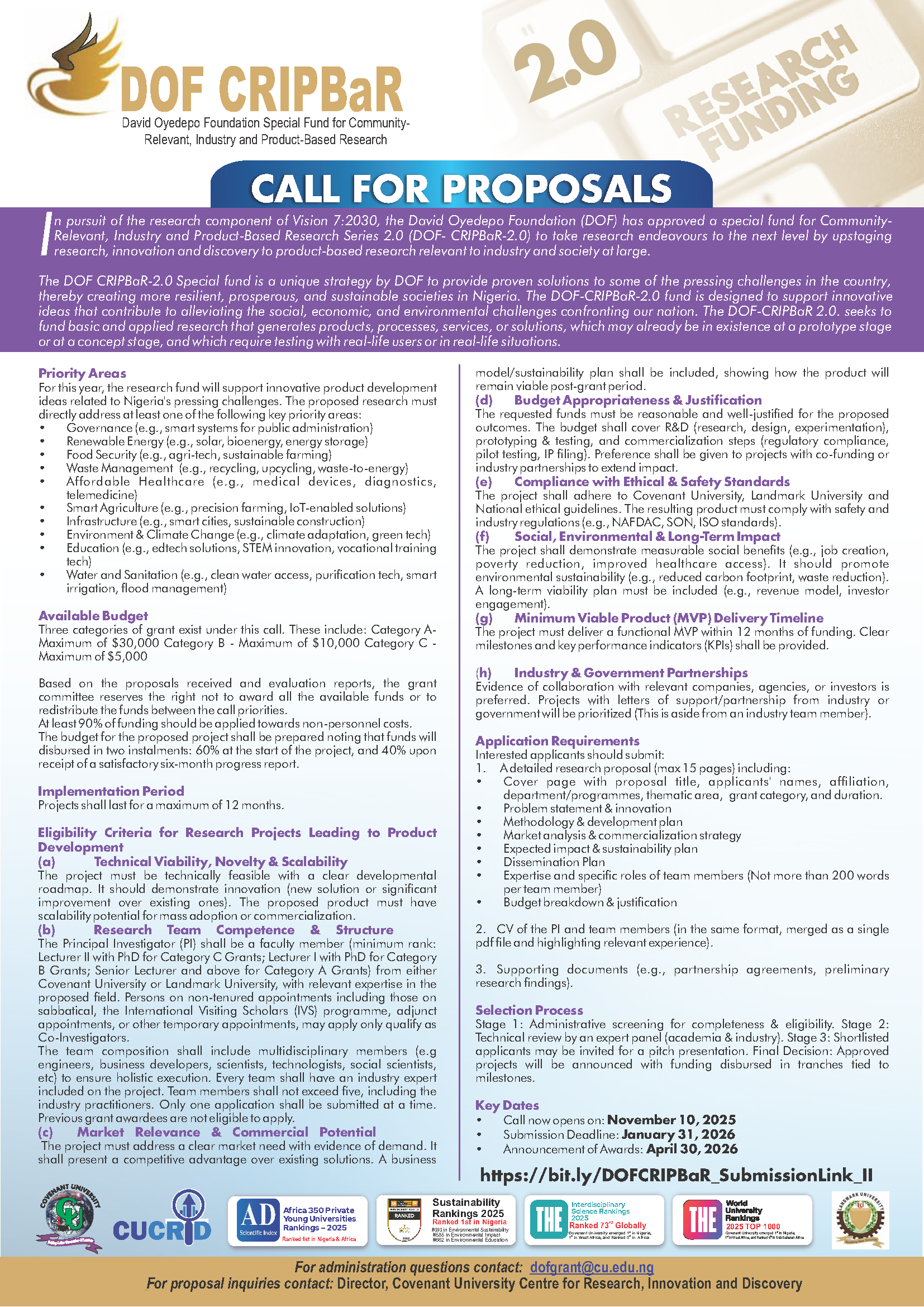 DOF CRIPBaR 2.0: Research Funding Opportunity for Nigerian Universities